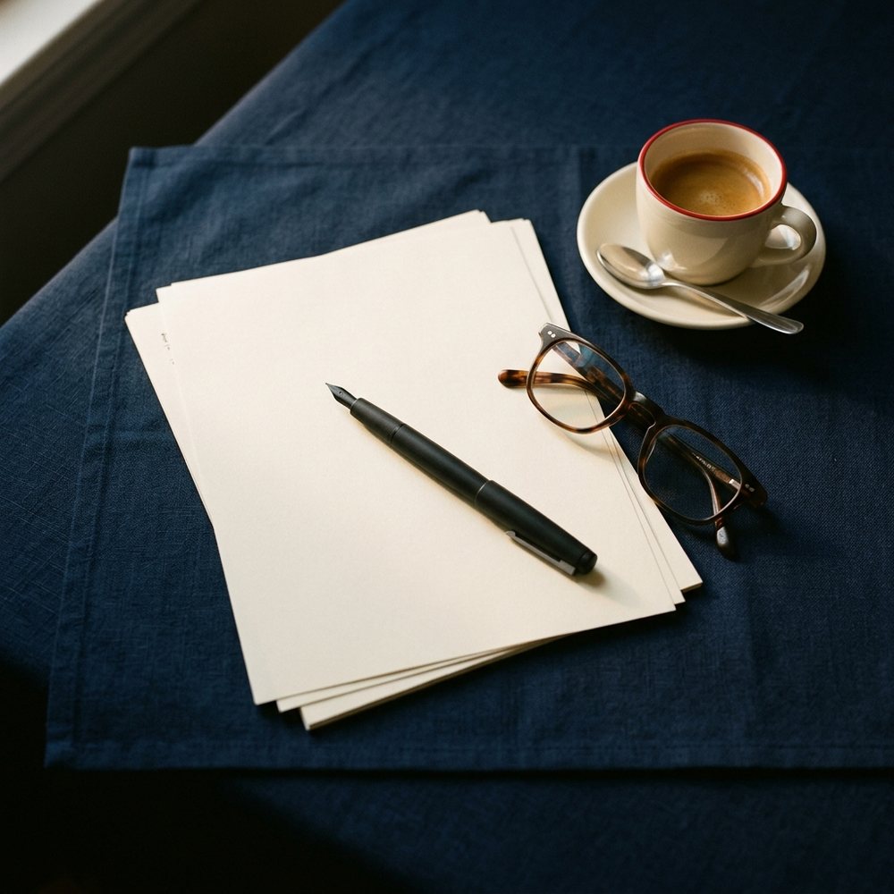 A fountain pen, notebook, reading glasses and espresso on an indigo table &mdash; ready for the interview.