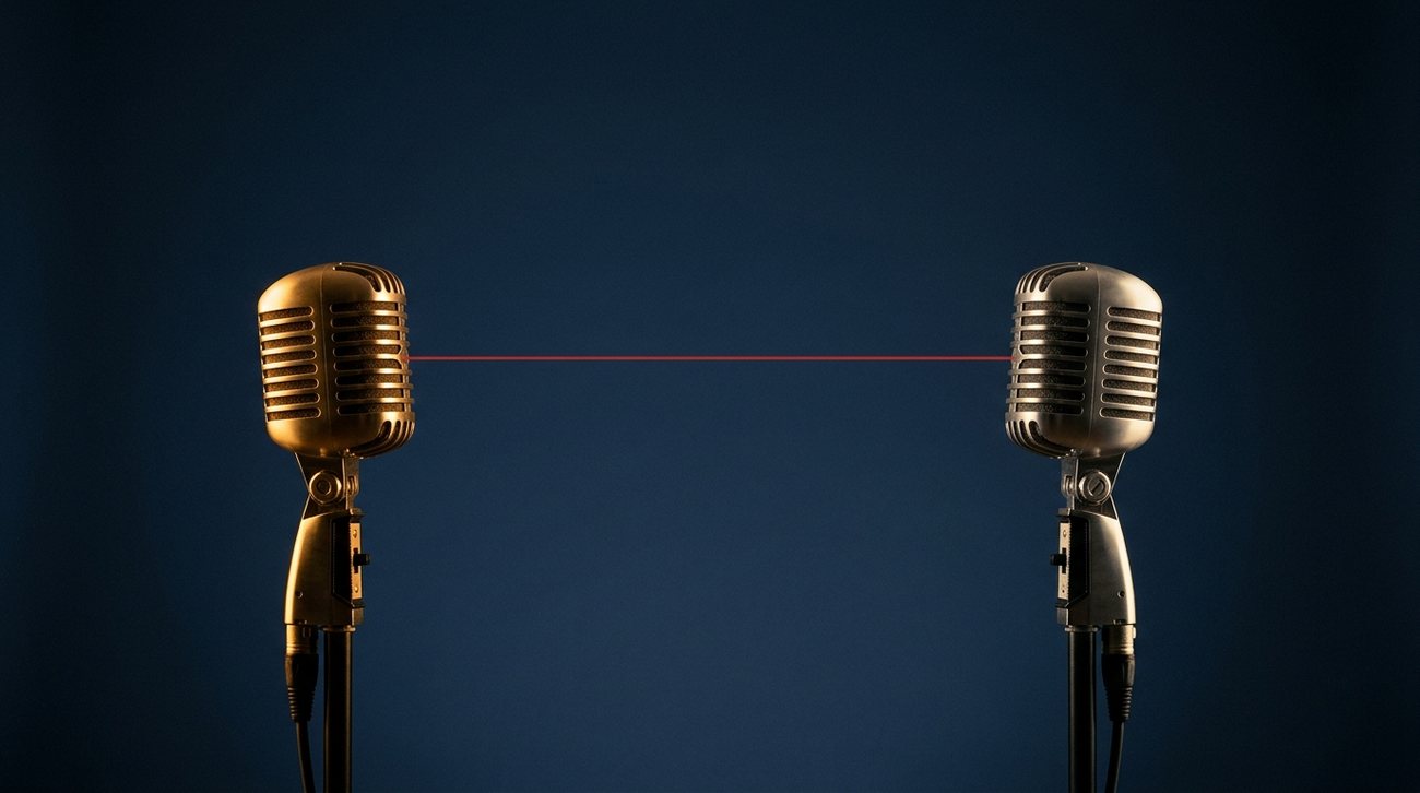 Two studio microphones facing each other &mdash; English and Spanish, one conversation.